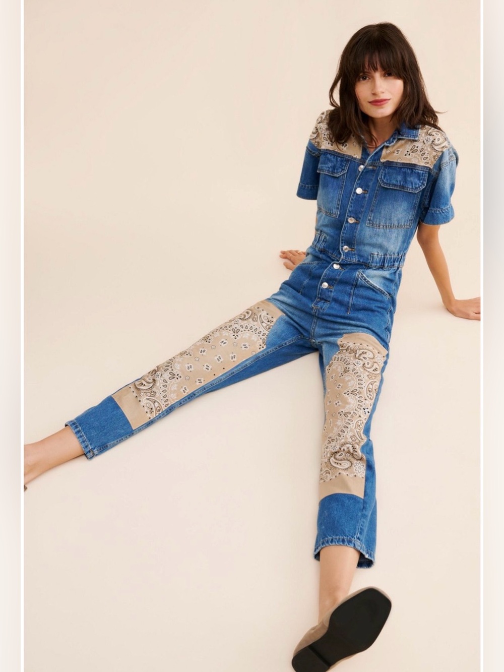 Free People x Tricia Fix Bandana Denim Jumpsuit Size Small